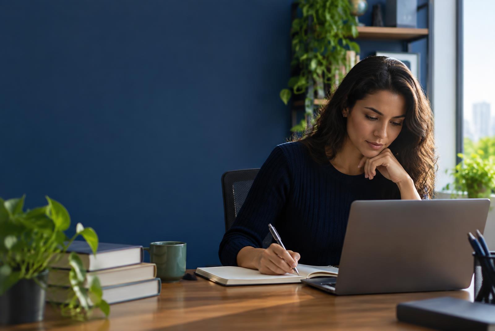 Pessoa estudando para concurso com notebook e material de revisão