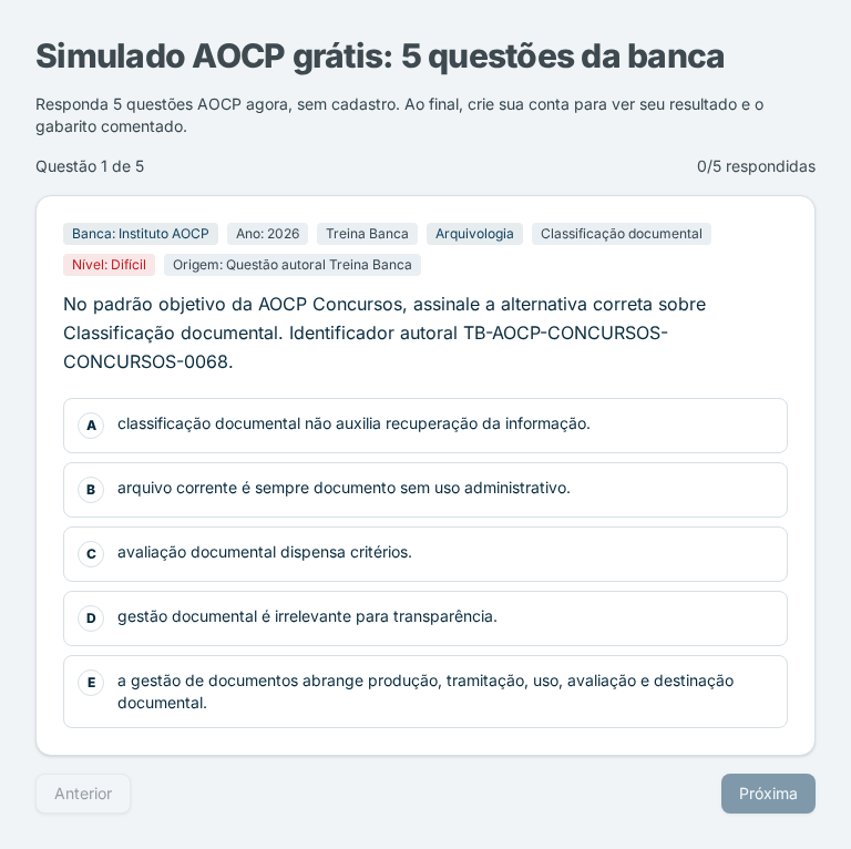 Questão real de múltipla escolha do simulado AOCP no Treina Banca