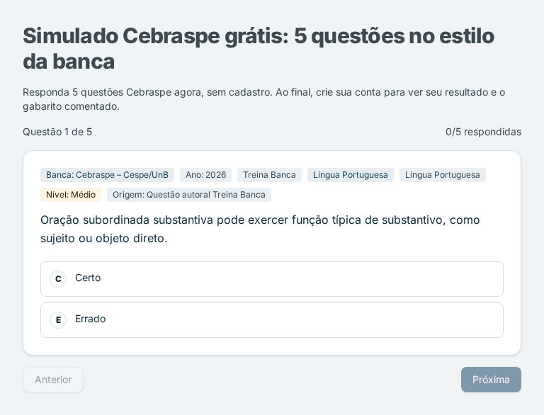 Questão real no formato Certo ou Errado do simulado Cebraspe no Treina Banca