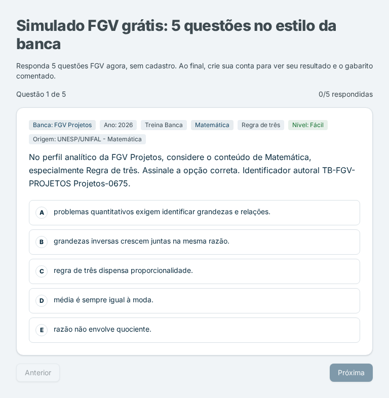 Questão real de múltipla escolha do simulado FGV no Treina Banca